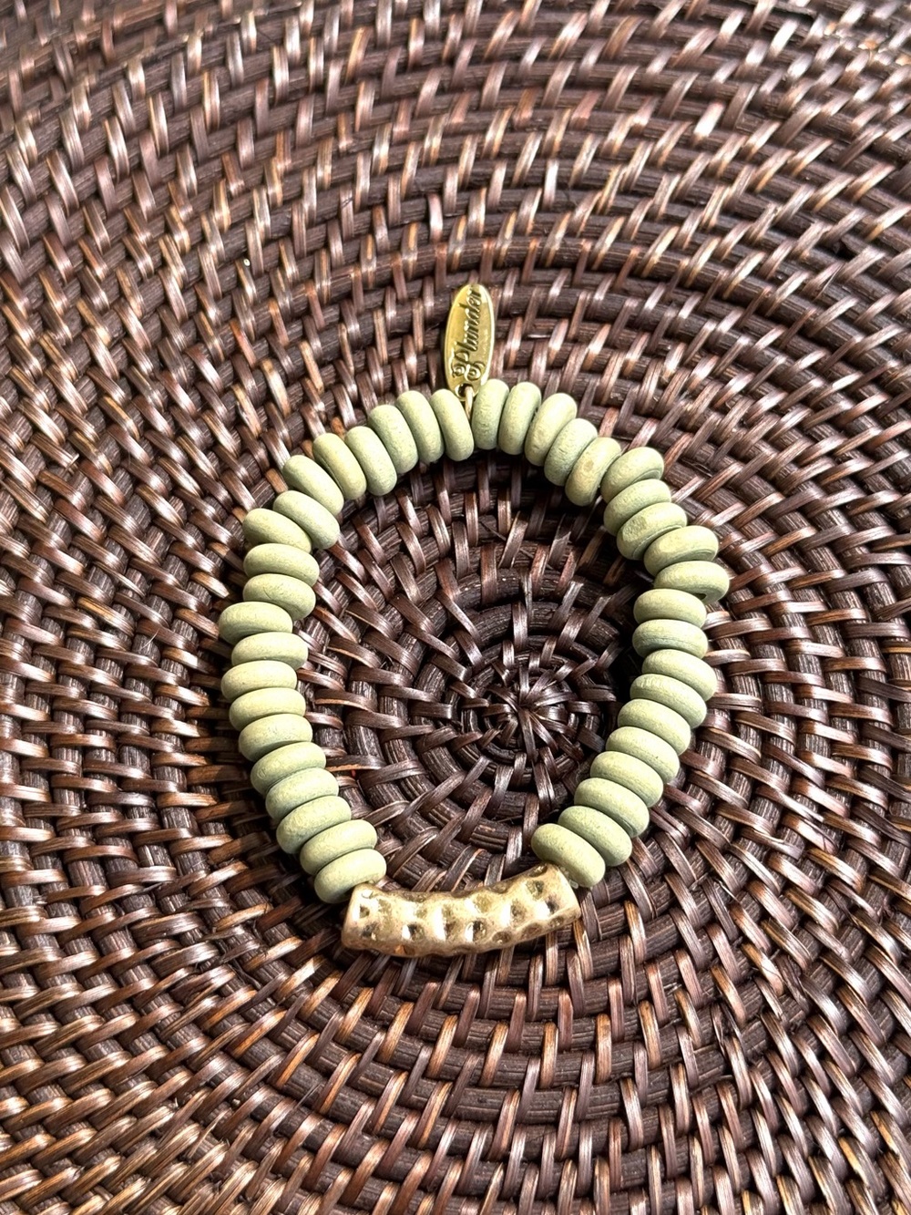 Beaded Sage Green Stretch Bracelet with Gold Accent